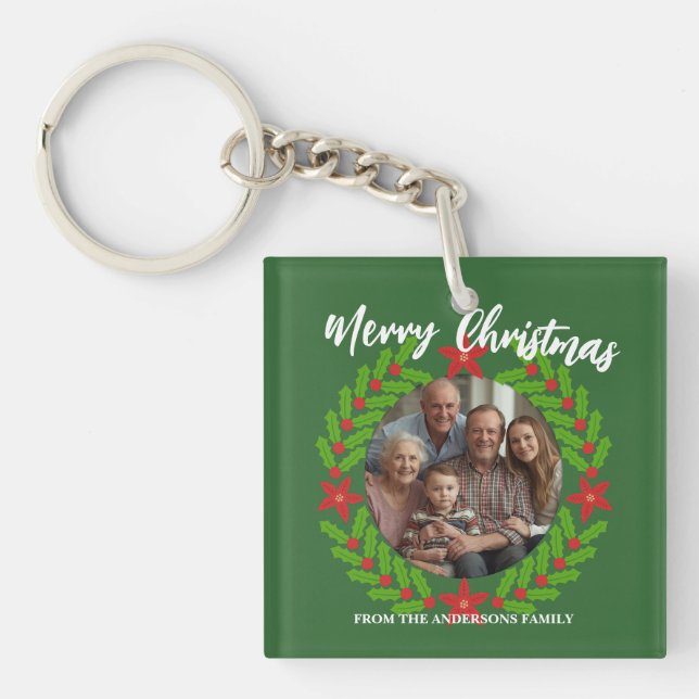 Merry Christmas Wreath Photo Holiday Family Name Key Ring (Front)