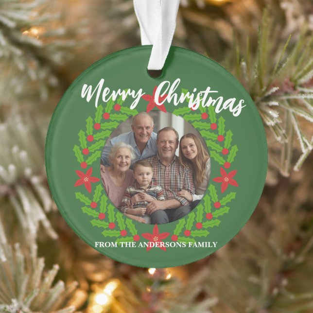 Merry Christmas Wreath Photo Holiday Family Name Ornament (Tree)