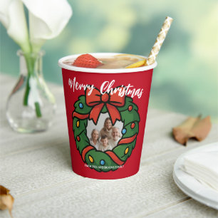 Merry Christmas Wreath Photo Holiday Family Name Paper Cups
