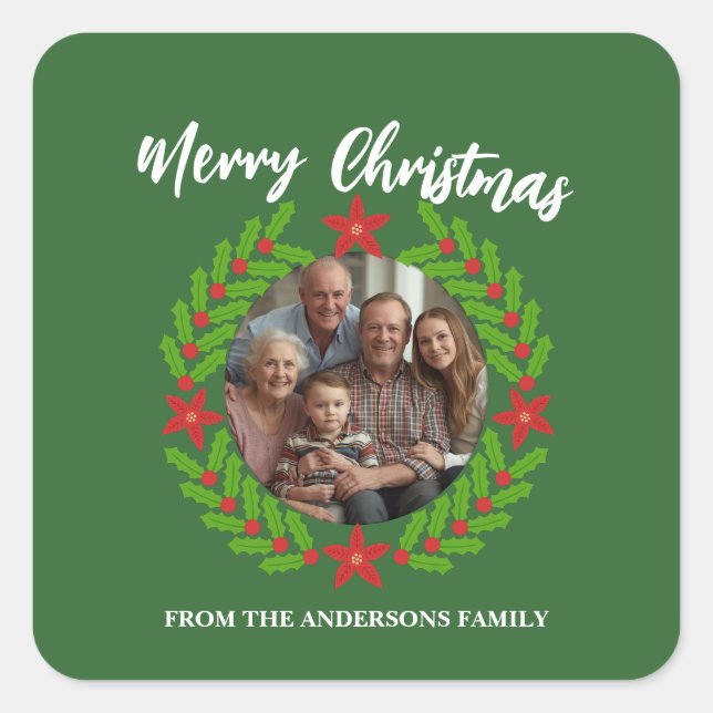 Merry Christmas Wreath Photo Holiday Family Name Square Sticker (Front)