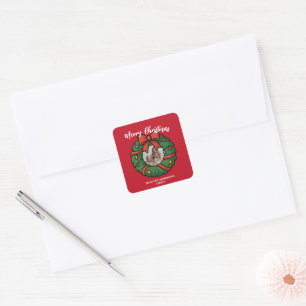 Merry Christmas Wreath Photo Holiday Family Name Square Sticker