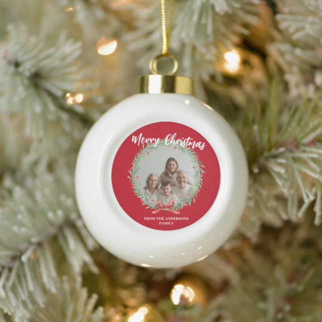 Merry Christmas Wreath Photo Personalized Family N Ceramic Ball Christmas Ornament (Tree)