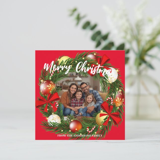 Merry Christmas Wreath Photo Personalized Family N Holiday Card (Standing Front)