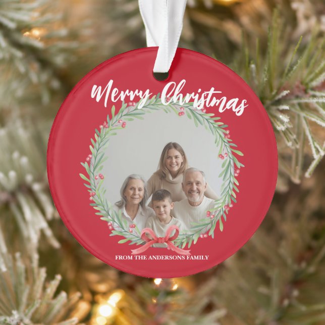 Merry Christmas Wreath Photo Personalized Family N Ornament (Tree)