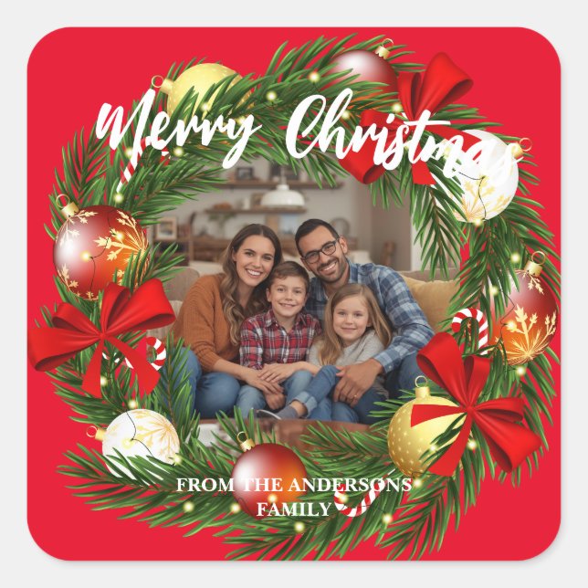 Merry Christmas Wreath Photo Personalized Family N Square Sticker (Front)