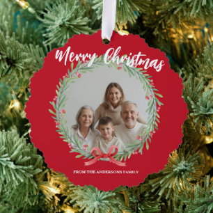 Merry Christmas Wreath Photo Personalized Family N Tree Decoration Card