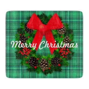 Merry Christmas Wreath Plaid Retro Holiday Cutting Board