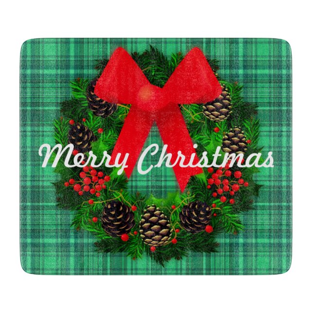 Merry Christmas Wreath Plaid Retro Holiday Cutting Board (Front)