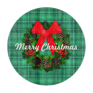 Merry Christmas Wreath Plaid Retro Holiday Round Cutting Board