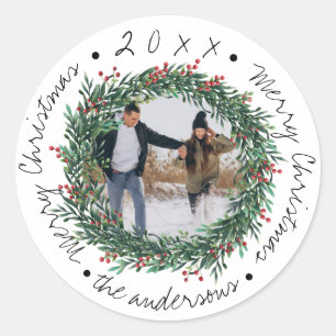 Merry Christmas Wreath Red Berries Name Photo Classic Round Sticker