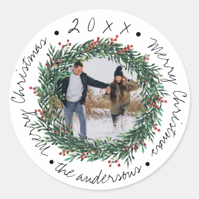  Merry Christmas Wreath Red Berries Name Photo Classic Round Sticker (Front)