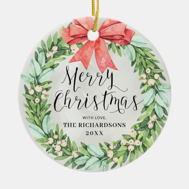 Merry Christmas Wreath Red Bow Family Photo Ceramic Tree Decoration (Front)