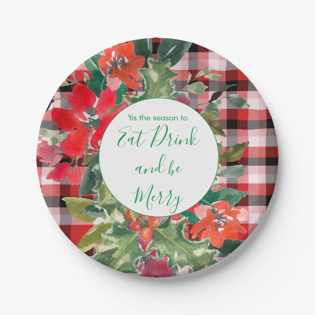 Merry Christmas Wreath Red Plaid Green Paper Plate (Front)