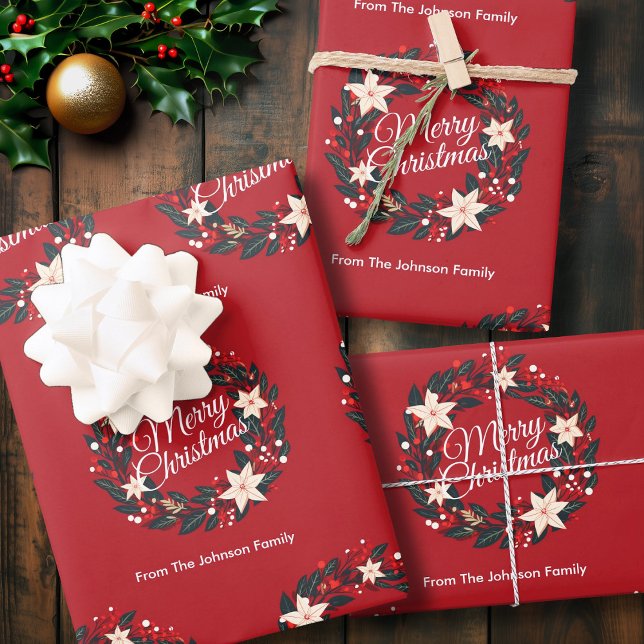 Merry Christmas Wreath Red Poinsettia Family Name Wrapping Paper Sheet (Merry Christmas Wreath Red Poinsettia Family Name Wrapping Paper Sheets)