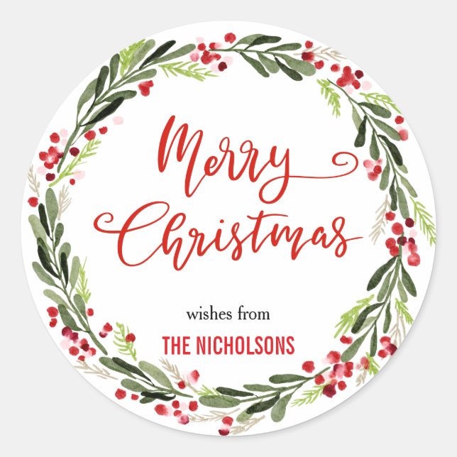 Merry Christmas Wreath Red Script | Wreath Classic Round Sticker (Front)
