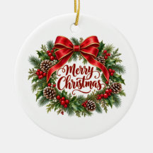 Merry Christmas Wreath Round Ceramic Ornament