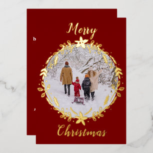 Merry Christmas Wreath Round Picture Red Foil Holiday Card