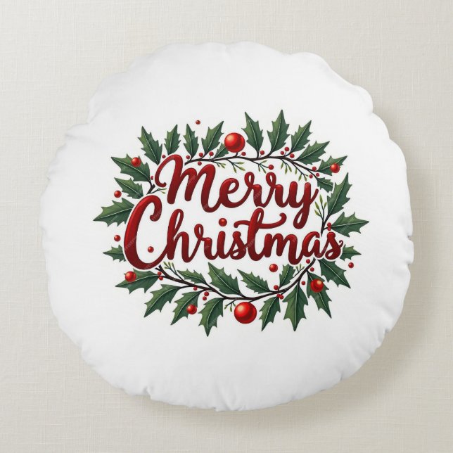 Merry Christmas Wreath Round Pillow (Front)