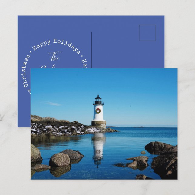 Merry Christmas Wreath Salem Lighthouse Holiday Postcard (Front/Back)