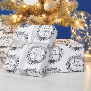 Merry Christmas Wreath Script Custom Family Name Wrapping Paper