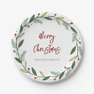 Merry Christmas Wreath Script Modern Holiday Paper Plate