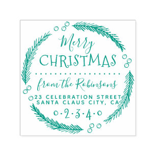 Merry Christmas Wreath Script Name Return Address Self-inking Stamp