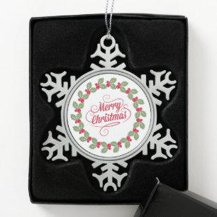 Merry Christmas Wreath Snowflake Pewter Christmas Ornament