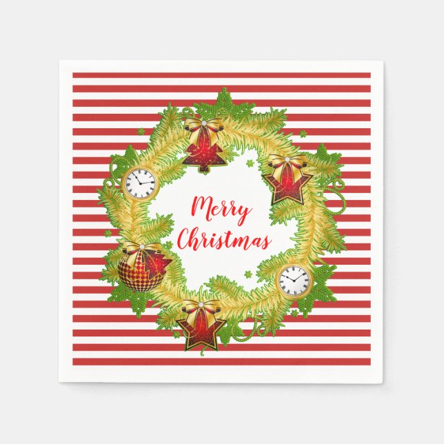Merry Christmas Wreath & Stripes Napkin (Front)