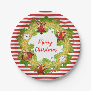 Merry Christmas Wreath & Stripes Paper Plate