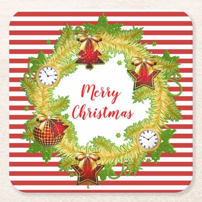 Merry Christmas Wreath & Stripes Square Paper Coaster (Front)