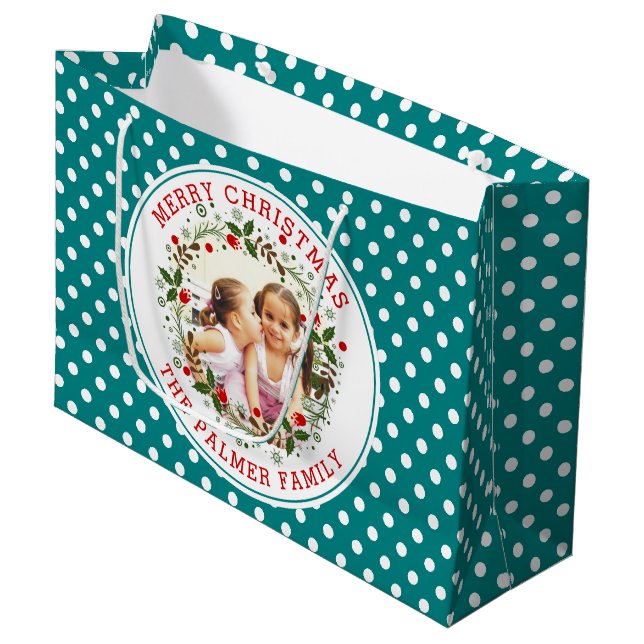 Merry Christmas wreath teal blue dots photo Large Gift Bag (Front Angled)