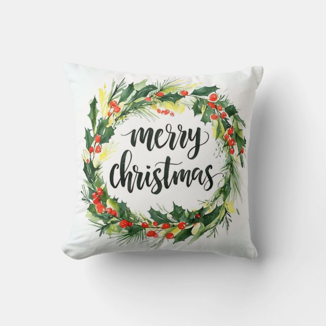 Merry Christmas Wreath Throw Pillow Elegant Holida (Front)