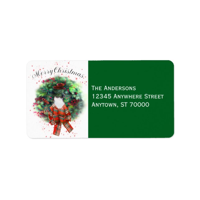 Merry Christmas Wreath Watercolor Art On Green  Label (Front)