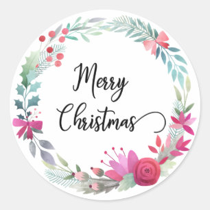 Merry Christmas Wreath Watercolor Calligraphy Classic Round Sticker