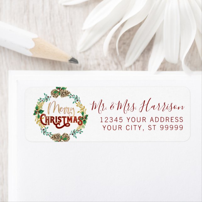 Merry Christmas Wreath Watercolor Gold Red Script  (Insitu)