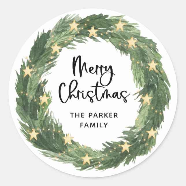Merry Christmas Wreath with Gold Stars on White Classic Round Sticker (Front)