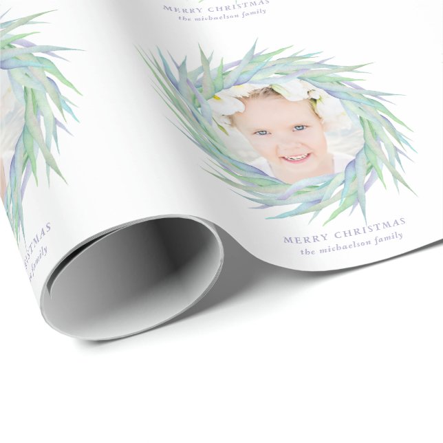 Merry Christmas Wreath with Name and Photo Wrapping Paper (Roll Corner)
