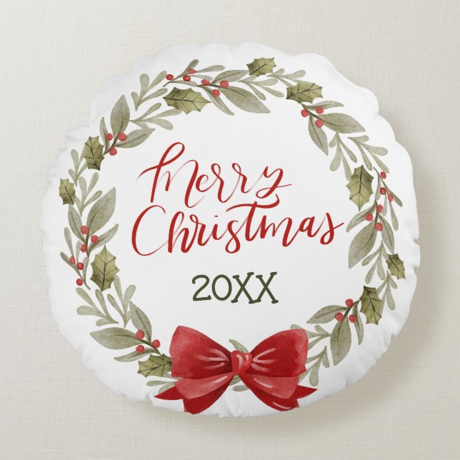 Merry Christmas Wreath with Red Bow Round Cushion (Front)