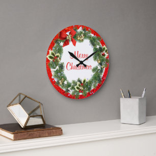 Merry Christmas Wreath with Red Glitter Holiday  Large Clock