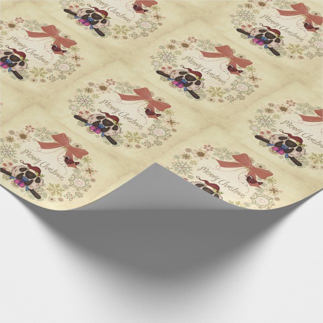 Merry Christmas Wreath with Santa Sheep and Bird Wrapping Paper (Corner)