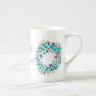 Merry Christmas Wreaths Bone China Mug