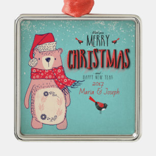 Merry Christmas- X-mas Bear and editable Text on Metal Tree Decoration