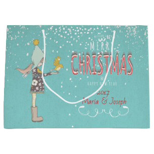 Merry Christmas- X-mas Girl Dog editable Text on Large Gift Bag