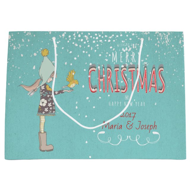 Merry Christmas- X-mas Girl Dog editable Text on Large Gift Bag (Front)