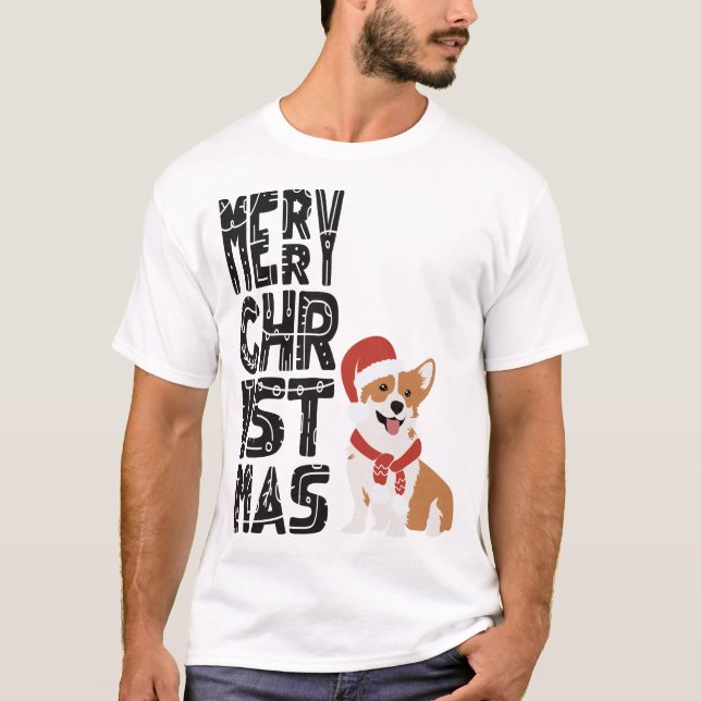 Merry Christmas - Xmas Corgi Wearing Santa Hat T-Shirt (Front)