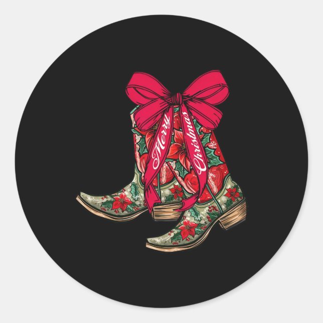 Merry Christmas Xmas Cowboy Boots Coquette Bow Paj Classic Round Sticker (Front)