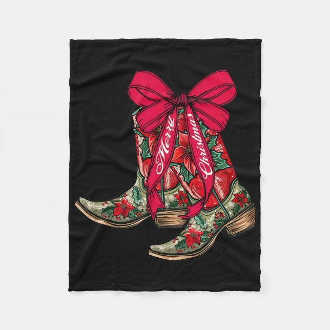 Merry Christmas Xmas Cowboy Boots Coquette Bow Paj Fleece Blanket (Front)