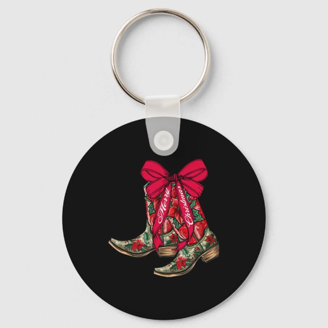 Merry Christmas Xmas Cowboy Boots Coquette Bow Paj Key Ring (Front)