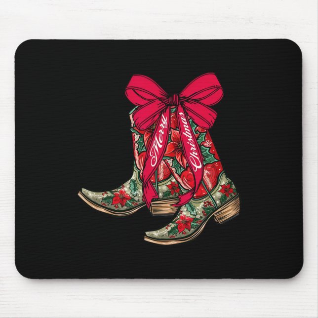 Merry Christmas Xmas Cowboy Boots Coquette Bow Paj Mouse Mat (Front)