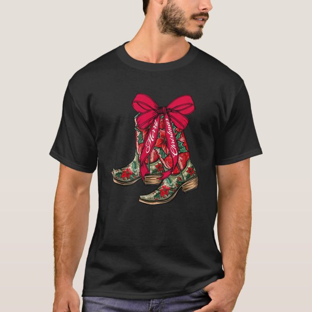 Merry Christmas Xmas Cowboy Boots Coquette Bow Paj T-Shirt (Front)